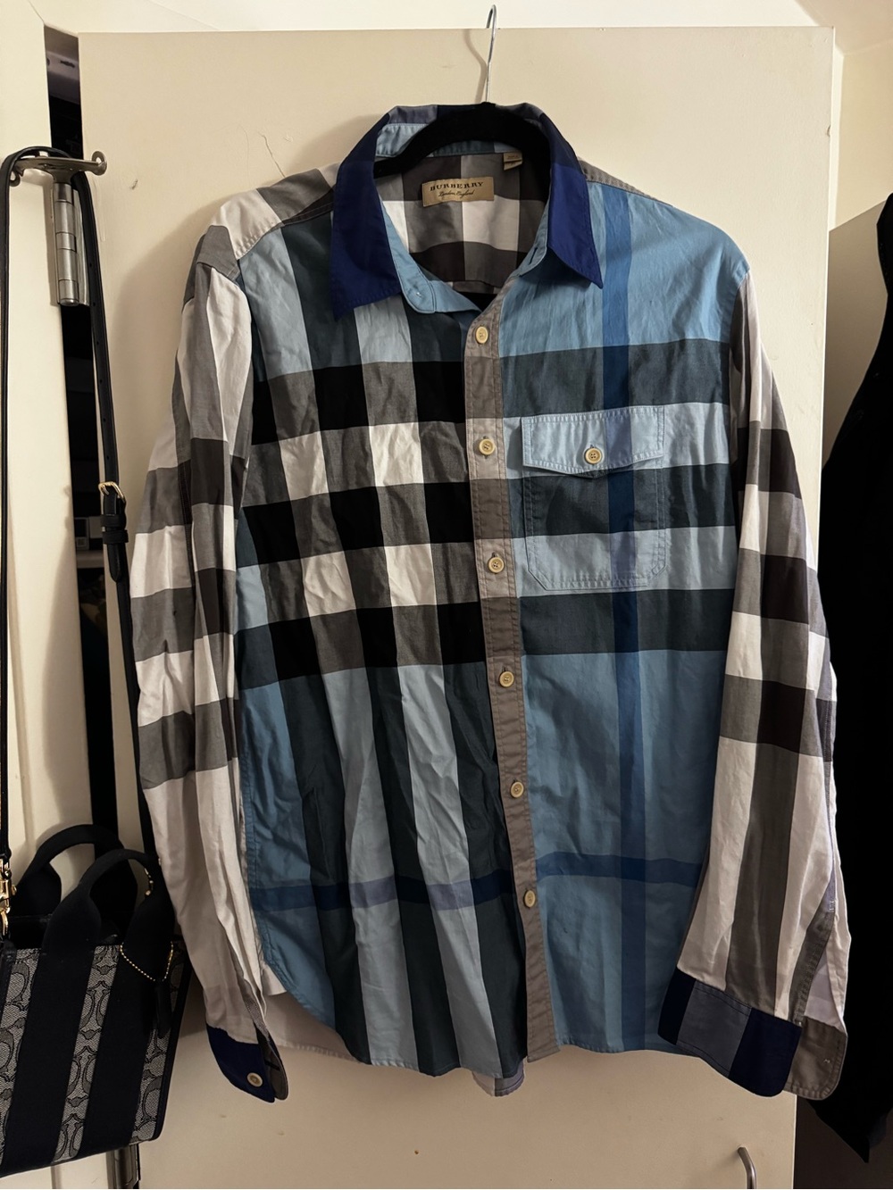 Burberry Blue and Black Check Cotton Button-Down Shirt